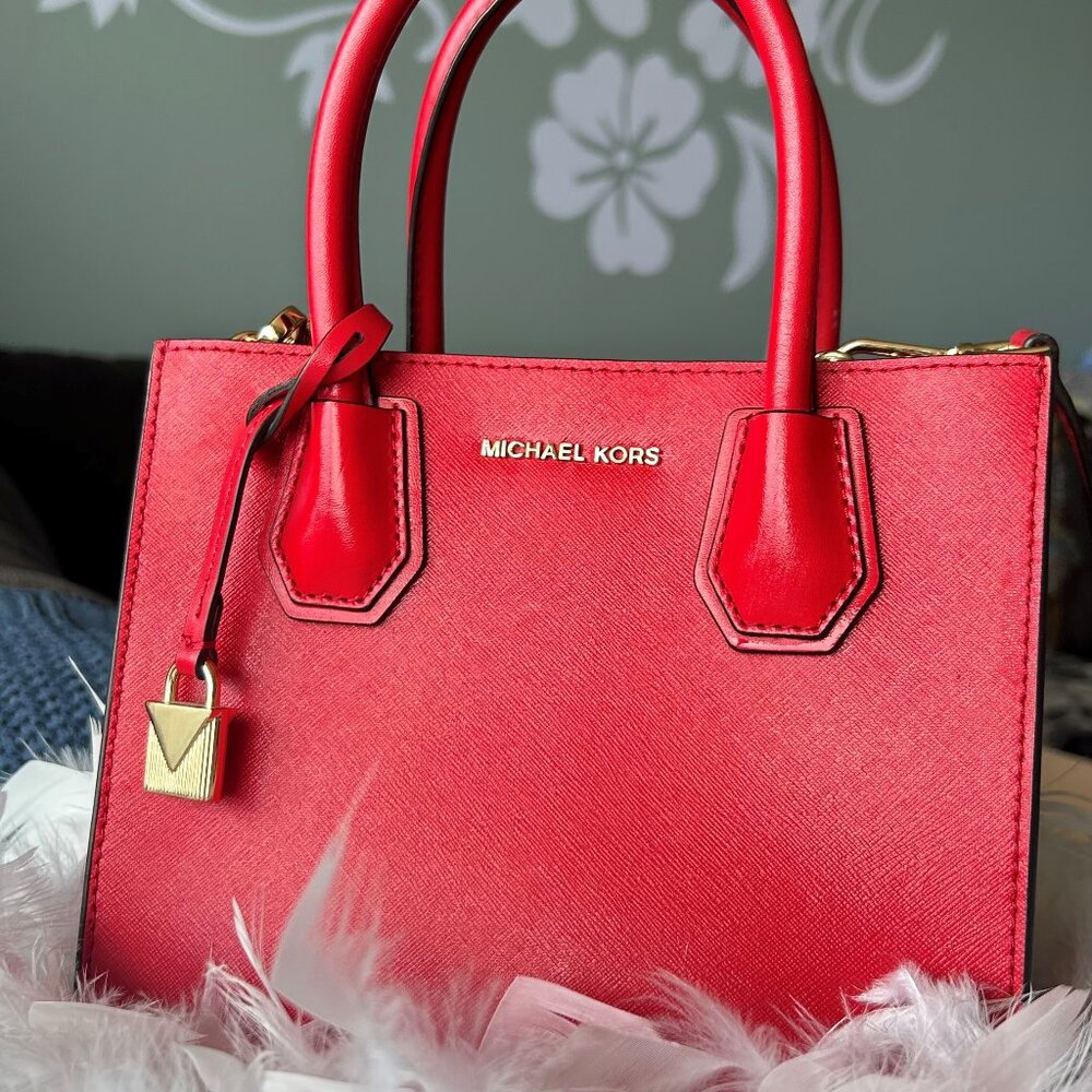 Michael Kors Red Mini Bag with Gold Accents and Detachable Strap